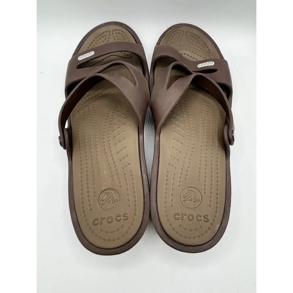 Crocs Patricia Women Sz 9 Espresso Brown Wedge Strappy Comfort Sandals